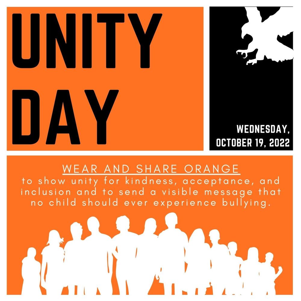 Unity Day is on Wednesday, October 19, 2022. Wear and share orange to show unity for kindness, acceptance, and inclusion.